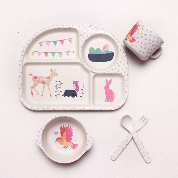 

5pcs/set baby bamboo fiber bowls cute cartoon eco-friendly children's dinnerware natural tableware set separation feeding plate