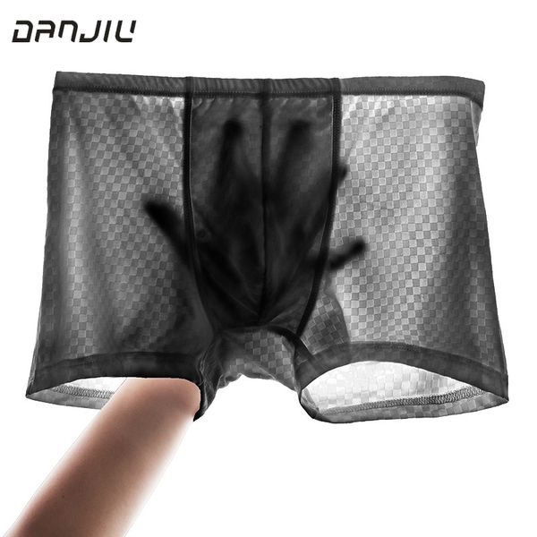 

underpants ice silk mesh grid breathable man boxers middle waist solid u pouch bag mens underwear high elasticity seamless male, Black;white