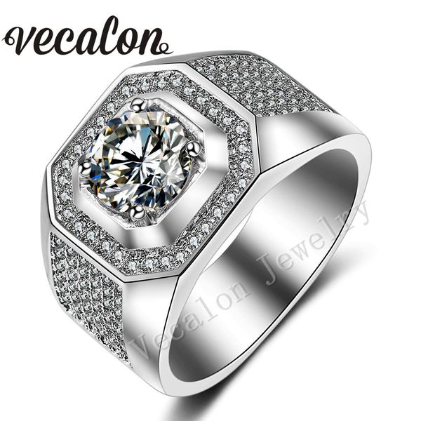 

vecalon men engagement band ring solitaire 3ct 5a cz simulated diamond 10kt white gold filled wedding ring for men sz 7-13, Slivery;golden