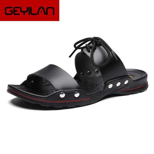 

casual 2019 men sandals leather slippers summer flip flops beach men shoes, Black