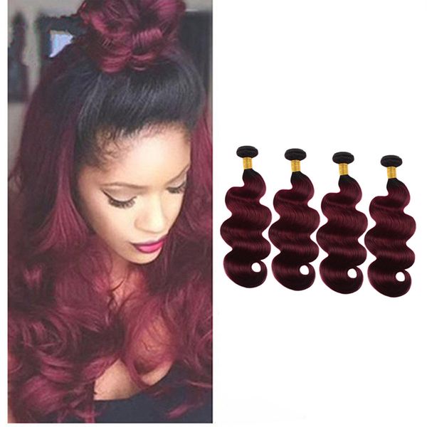 

indian virgin hair extensions 1b/99j ombre human hair wefts body wave 4 pieces/lot 1b 99j hair weave two tones color 4 bundles, Black