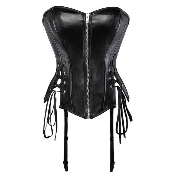 

sapubonva faux leather corsets bustiers steampunk front zipper overbust corset corselet vintage strapless black red, Black;white