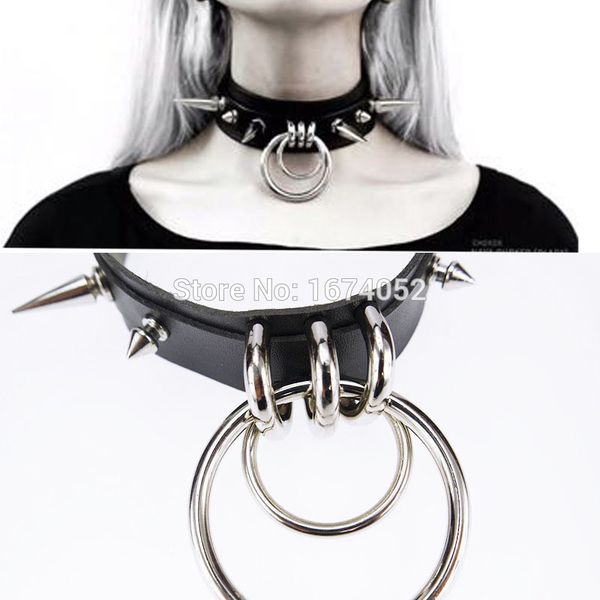 

punk gothic handcrafted metal double o round spiked spikes layered leather collar choker necklace, Silver