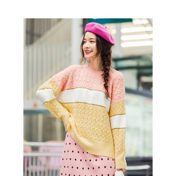 

inman 2019 winter new arrival o-neck drop-shoulder sleeve solid jacquard split color warm knitted women pullover, White;black