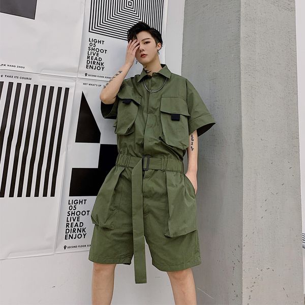 

male streetwear hip hop overalls jumpsuit harem trousers men summer short sleeve casual a piece jumpsuit cargo pant, Black