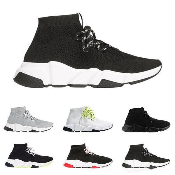 

2020 men women designer socks shoes speed trainer lace up mid top black white yellow fashion mens trainers casual platform sneakers