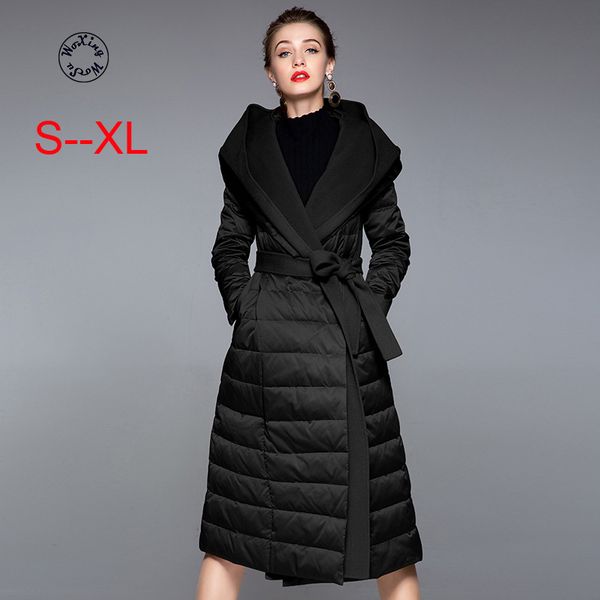 

woxingwosu women's hooded down coat long white duck down jacket slim adjustable waist size s to, Black