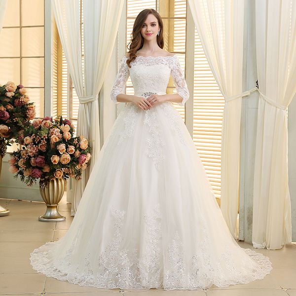 

2019 elegant bateau neck wedding dresses lace appliques lace up back a line 3/4 long sleeve sweep train garden rustic bridal gown 3906, White