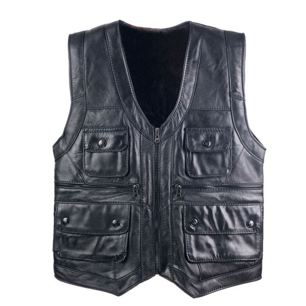 

new men's waistcoat shearling fur reporters suit pocket quinquagenarian men genuine leather vest sleeveless jacket 5xl 6xl, Black;white