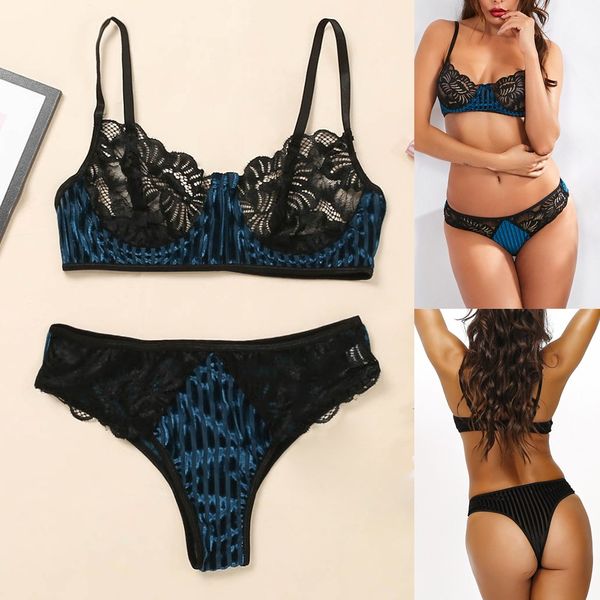

women lace velvet splice underwear underwire bra briefs lingerie set s-l, Black;red