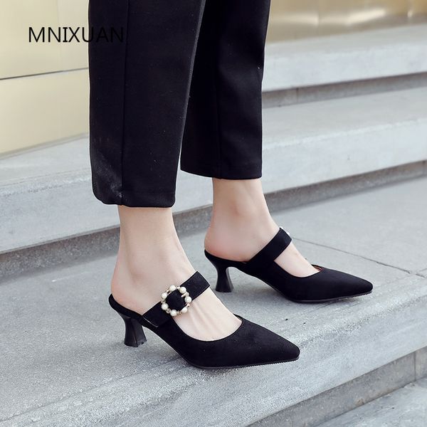 

mnixuan classics spring women pumps shoes mules shoes high heels 2019 new suede square toe thick heel pearls big size 34-43, Black