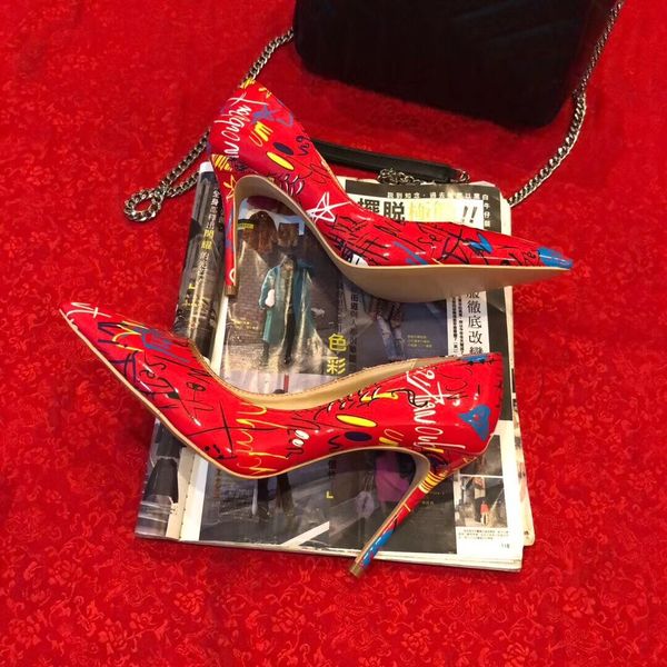 

casual designer lady fashion red graffiti printed point toe high heel pump thin heels stiletto bride wedding shoes brand new 12cm 10cm, Black