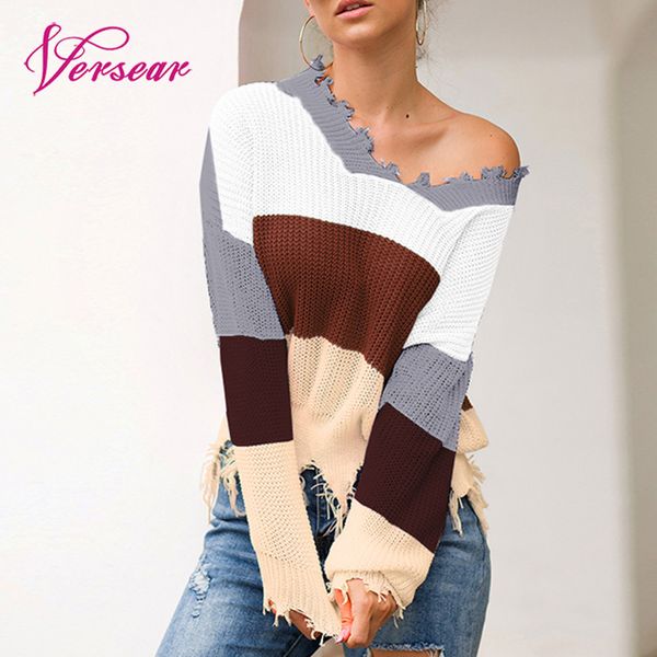 

versear women autumn knitted sweater color block v neck long sleeve fringed tassels casual short pullover knitwear jumper, White;black