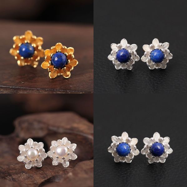 

925 s silver originality in national customs flower ornaments literature natural freshwater pearl lotus ear nail chandaleir earrings, Golden