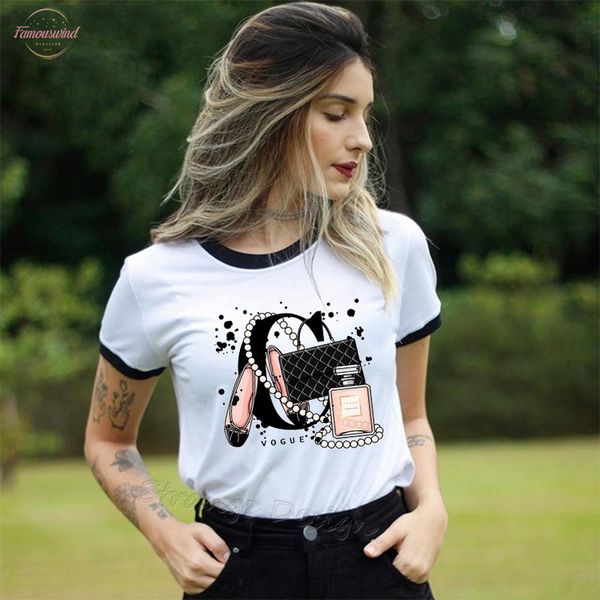 

summer illustrations camera bag perfume flowers vogue brand tshirt print section short sleeve tumblr t shirt women top, White