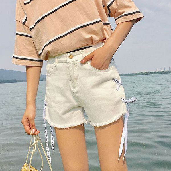 

summer women denim shorts pockets bandage high waist lady girl casual short jeans ks-shipping, White;black
