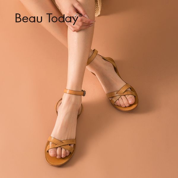 

beautoday gladiator sandals women genuine cow leather cross-tied buckle strap flat heel ladies summer beach shoes handmade 32125, Black
