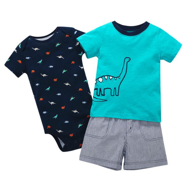 

3pc infant baby boys dinosaur printing +romper+stripe baby girl clothes summer pants outfits set jan23, White