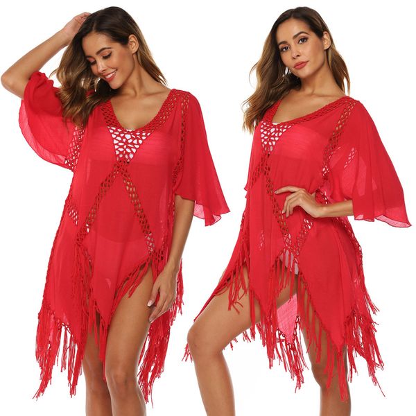 

beach dress pareo woman swim cover up for women swimsuit exit saida praia irregular splice fringed bell long sleeve hollow, Blue;gray