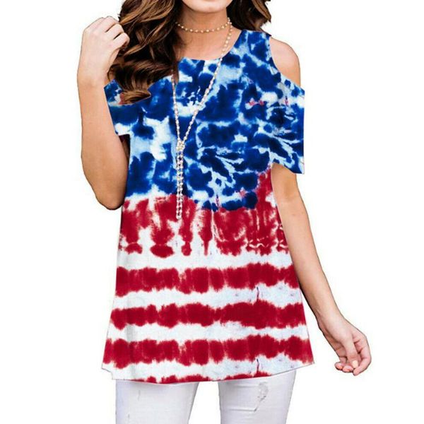 

tie dye printed short sleeve oversized tunic shirt summer o neck gradient print cold shoulder streetwear 4th of july shirt, White