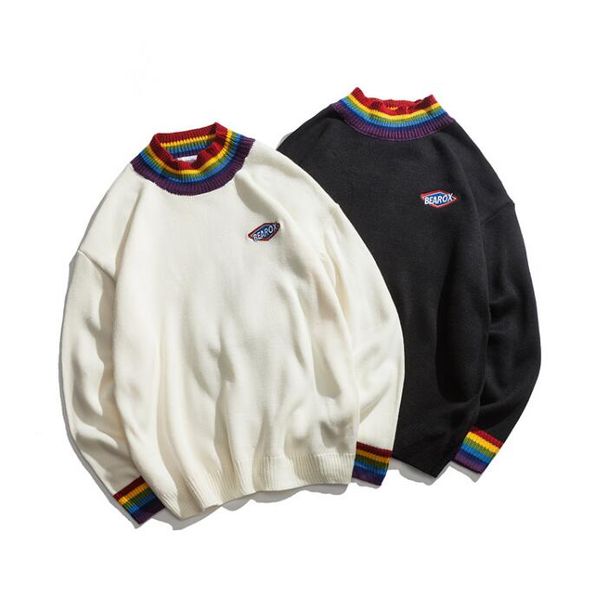 

autumn and winter rainbow turtleneck loose bf wind knit sweater, White;black