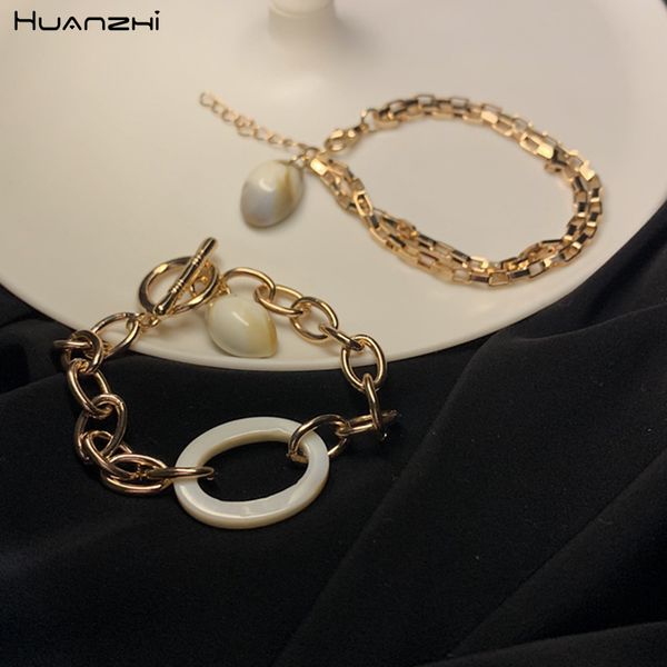 

huanzhi новый 2019 корейский натуральный корпус круглый замок три различных металлических цепи конструкции ювелирных изделий браслет для жен, Black