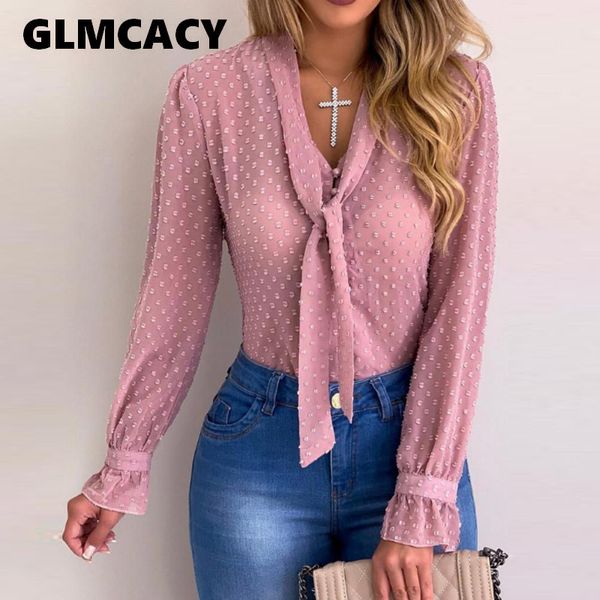 

plus size women elegant bow tie neck polka dot blouse 2019 spring casual pearls button blouses office lady workwear blouse, White