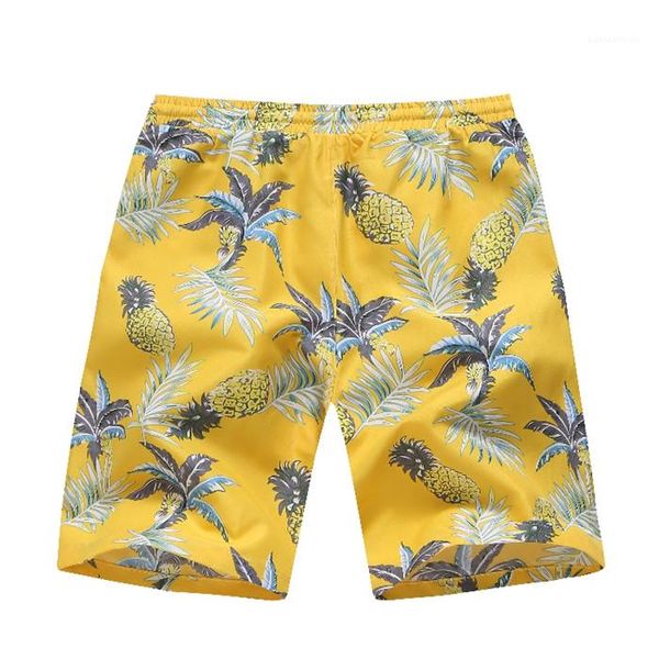 

beach shorts summer designer mens hawaiian knee length pants males drawstring straight loose short teenagers pineapple print, Black