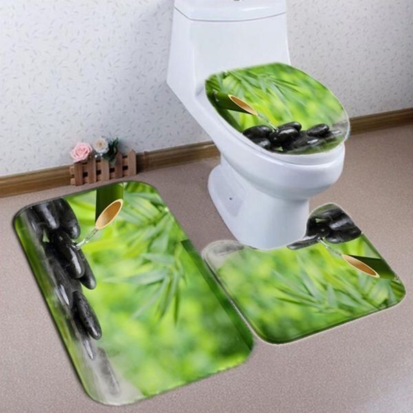 

shower curtain toilet cover mat non-slip rug set 70.8x70.8 inches flowing water bamboo polyester fiber waterproof bathroom set