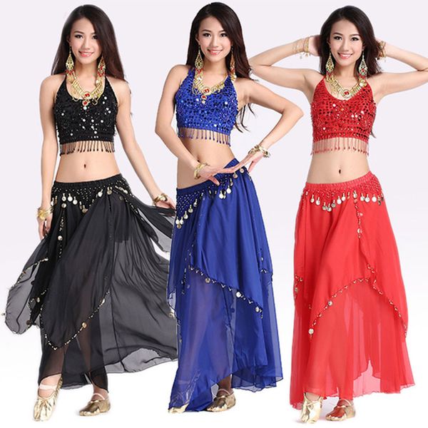 

women belly dacing clothing 5 flowers gold coins skirt 2pcs belly dance suit for lady dance clothes, Black;red