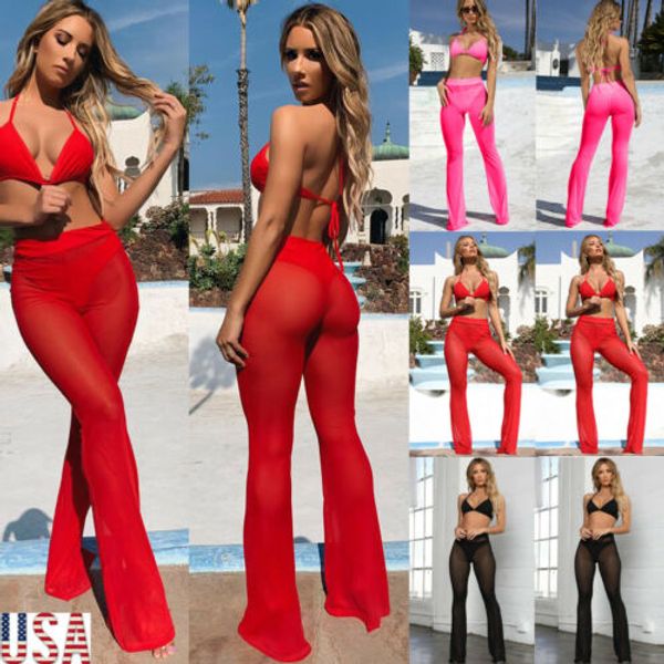 

us womens beach mesh sheer bikini cover up swimwear ruffle pants trousers