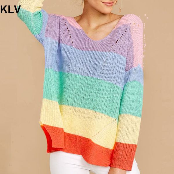 

womens long sleeve loose tunic v-neck rainbow stripes patchwork knitted sweaters side slit asymmetric pullover jumper, White;black