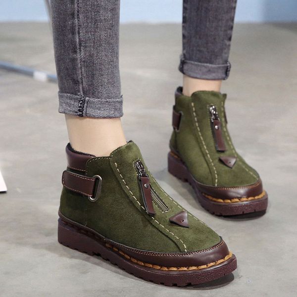 

2020 women ankle green boots slip on platform hook & loop sewing female shoes office gray flats non-slip casual footwear boots, Black