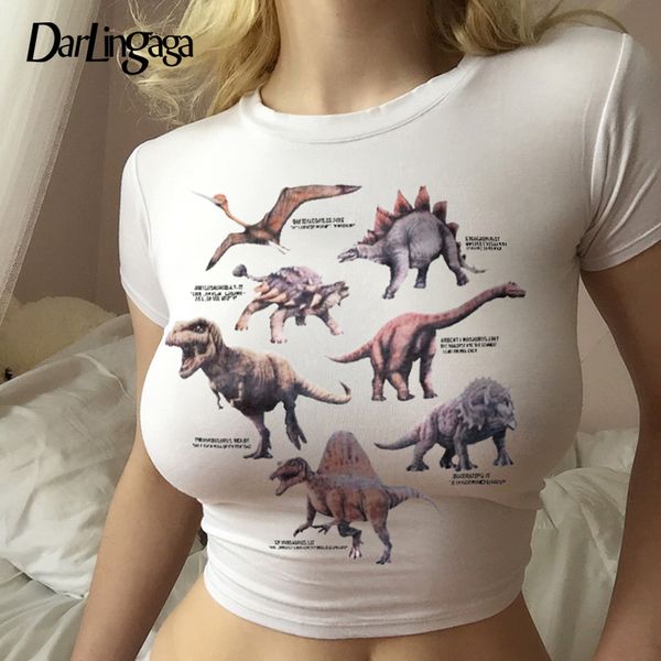

darlingaga harajuku cropped dinosaur print white t shirt women casual summer crop tee shirt femme short sleeve t-shirt 2020