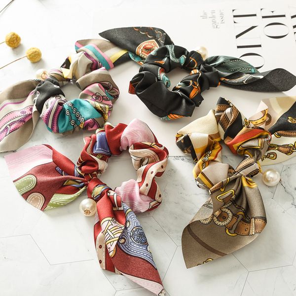 

20pcs/lot women vintage big bowknot scrunchies with pearl print flower hair ties hair holder rubber bands gum for hair accessories