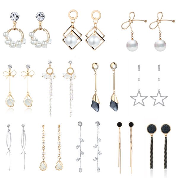 

simple style minimalist jewelry crystal rhinestone pearl drop earrings for women bow-knot long earrings korean temperament, Silver