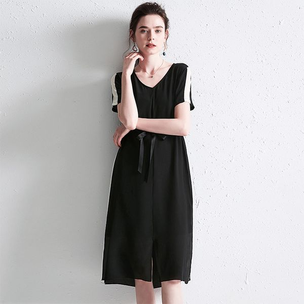 

2019 summer new european and american high-end brand black large size wide pine mulberry silk high-end heavy weight silk dress, Black;gray