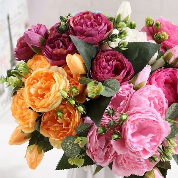 Acheter Fleurs Artificielles Soie Rose Bouquet Faux Pivoine 5 Grosse Tête Et 4 Bourgeons De Mariage Décoratif Fleurs Parti Décoration 7 Couleurs