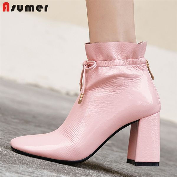 

asumer size 34-40 fashion genuine leather boots square toe ladies ankle boots zip high heels shoes autumn winter women, Black