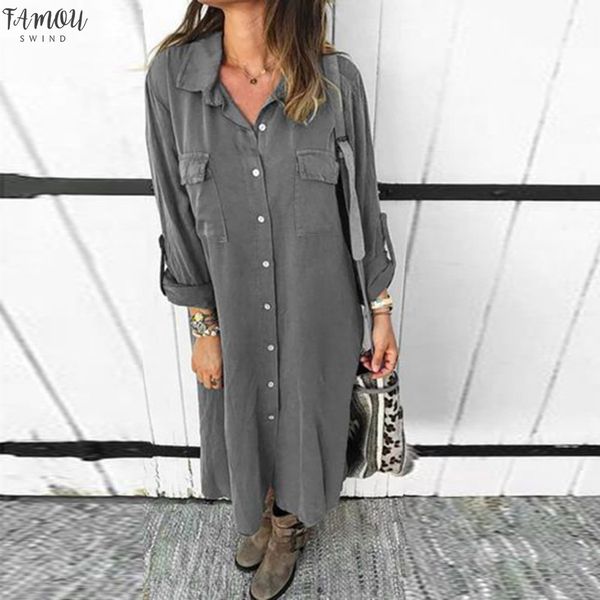 

women button knee length dress solid long sleeve dresses plus size turn down collar office ladies shirt natural straight 2020, Black;gray