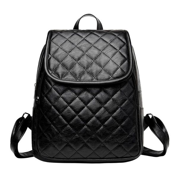 

solid black women plaid pu leather backpacks casual teen girls school travel shoulder bags for teenage girls feminina