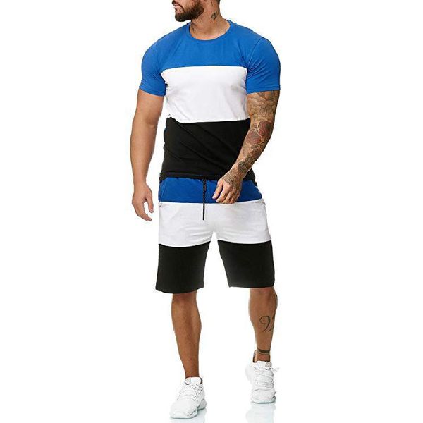 

men's tracksuits 2021 summer explosion models t-shirt outdoor sports casual short set man o-neck wide stripes hit color tshirt, Gray