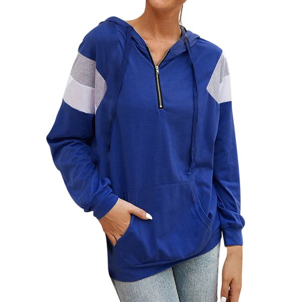 

women casual long sleeve zipper hooded patchwork sweatershirt female lady pocket hoodies sportwear sweter z kapturem, Black