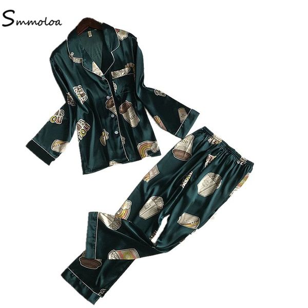 

smmoloa autumn spring summer satin long pajama print slik pyjamas women, Blue;gray