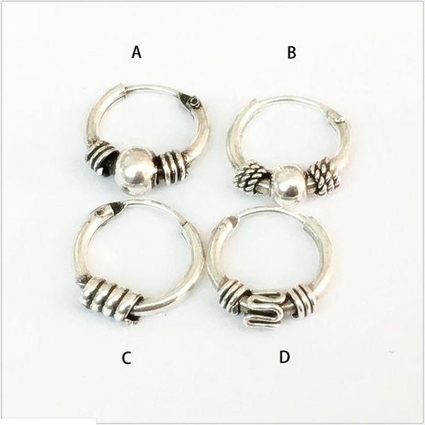 

thai silver retro small hoop earrings with beads spiral coils for women men 925 sterling silver round ear bone buckle ear hoop, Golden;silver