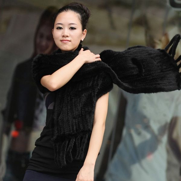 

women's genuine real knitted scarves with tassels lady wraps autumn winter women fur shawls vk0546