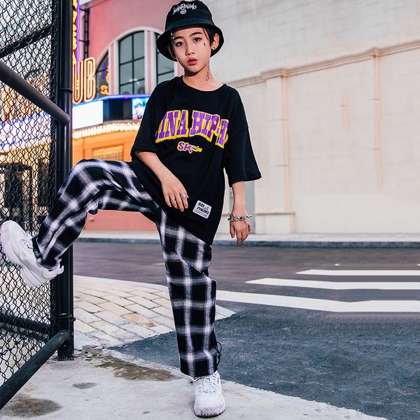 

hip hop clothes for kids new boy black t-shirt lattice pants suit jazz dance costumes street dance stage costume outfits dqs2143, Black;red