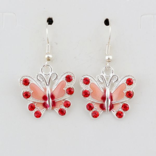 

Red Rhinestone Enamel Butterfly Charm Earrings silver Fish Ear Hook Chandelier Jewelry 22x37mm 10pairs/lot A-507e