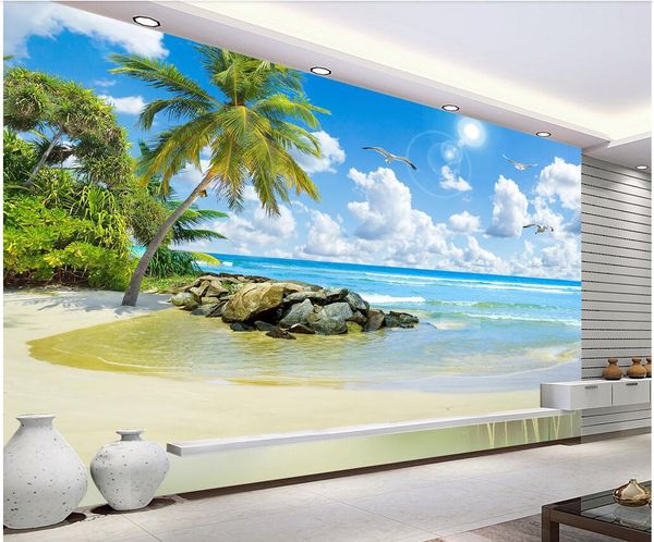 

3D зал обои ткань фото пейзаж кокосовой пальмы пляж HD пейзаж фоне стены стены 3D фре