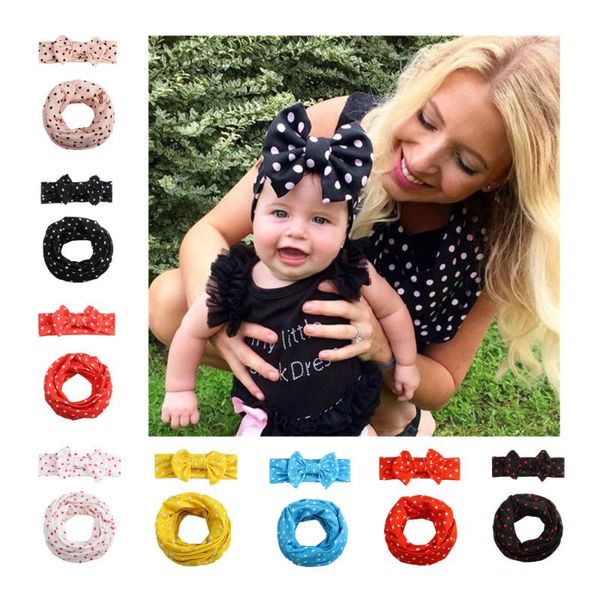 

fashion lovely baby girl milk silk knot dots bow headband kids with mom dots printing scarf set hair bands hair decration, Slivery;white